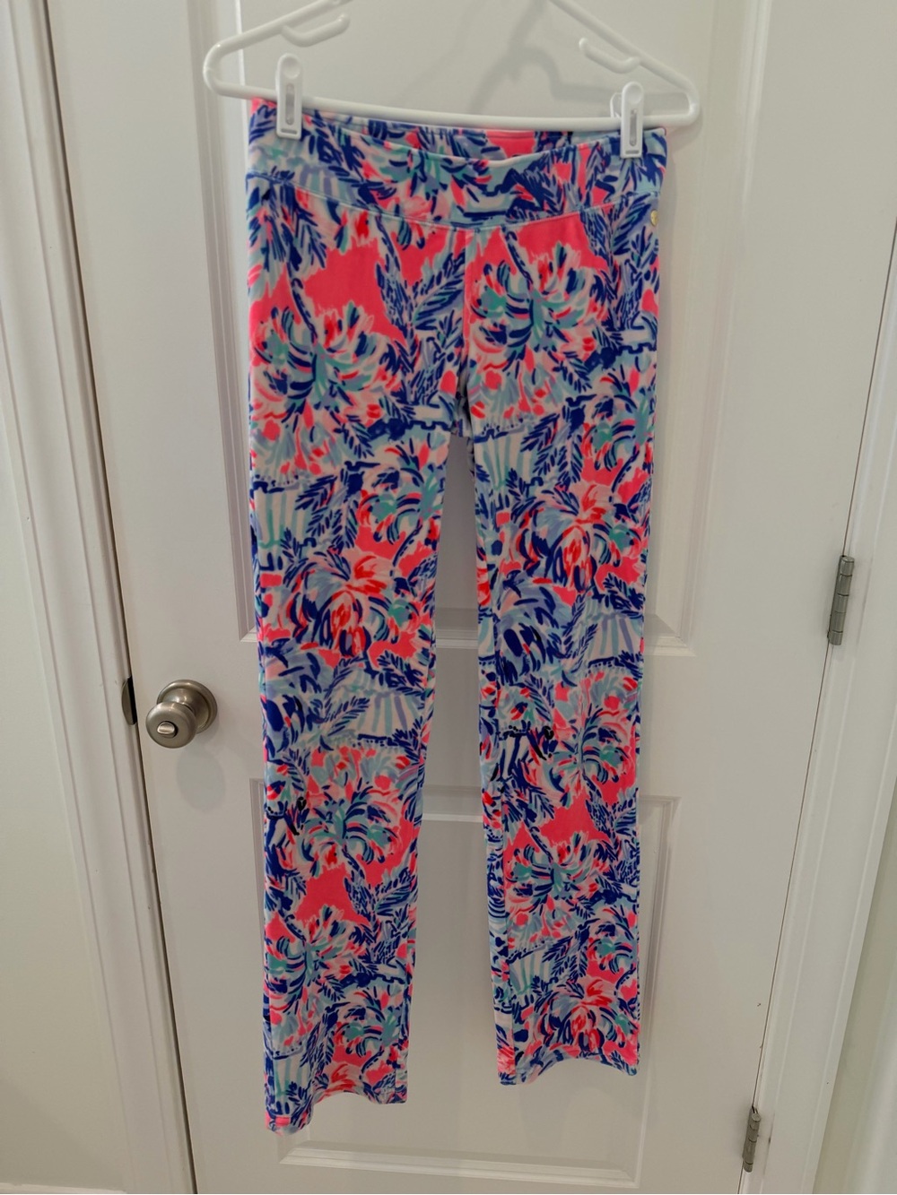 Lilly Pulitzer Neon Coral Pink Blue Floral Flare Velour Leggings